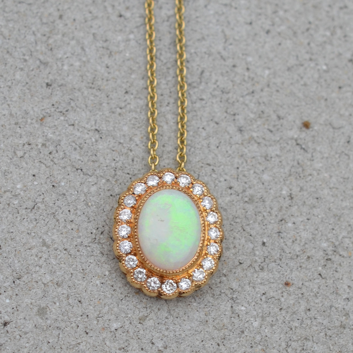 9ct Yellow Gold Opal & Diamond Pendant Necklace