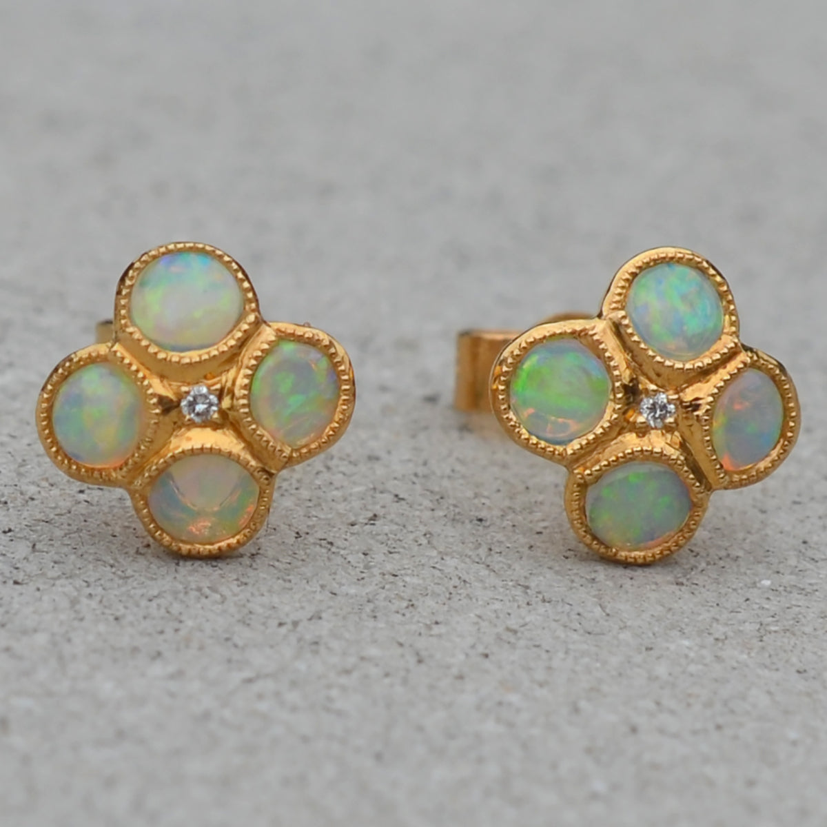 9ct Yellow Gold Opal & Diamond Stud Earrings