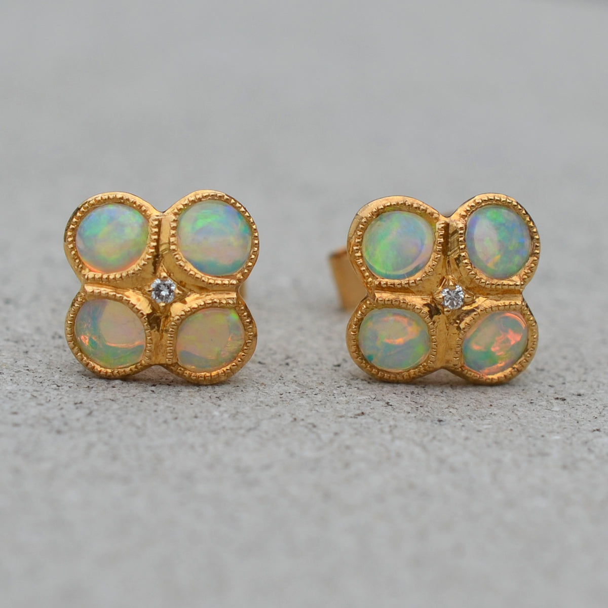 9ct Yellow Gold Opal & Diamond Stud Earrings