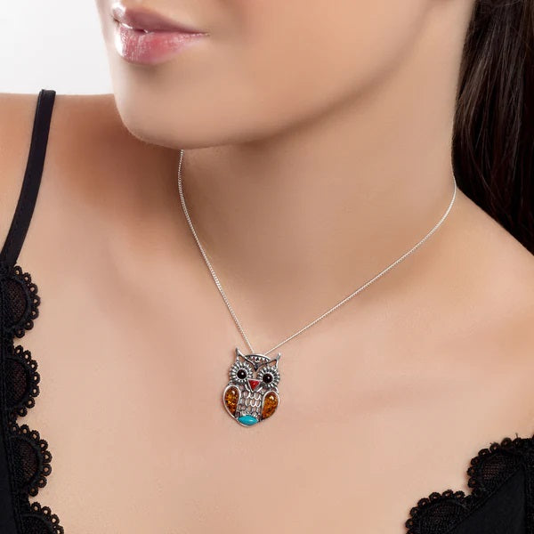 Sterling Silver Owl Necklace with Amber & Turquoise