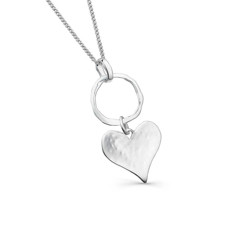 Sterling Silver Circle & Textured Heart Pendant Necklace