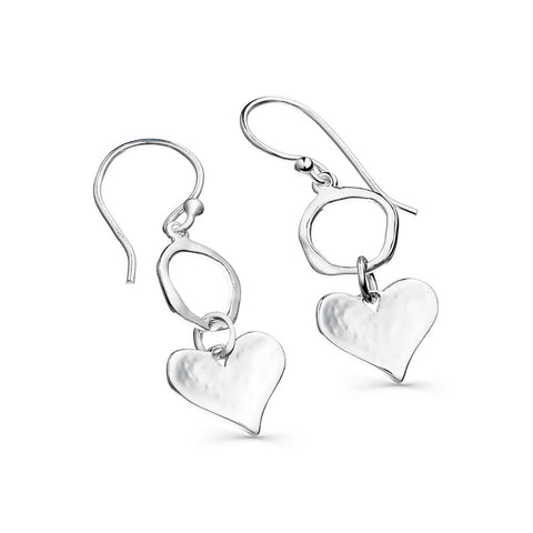 Sterling Silver Circle & Textured Heart Drop Earrings