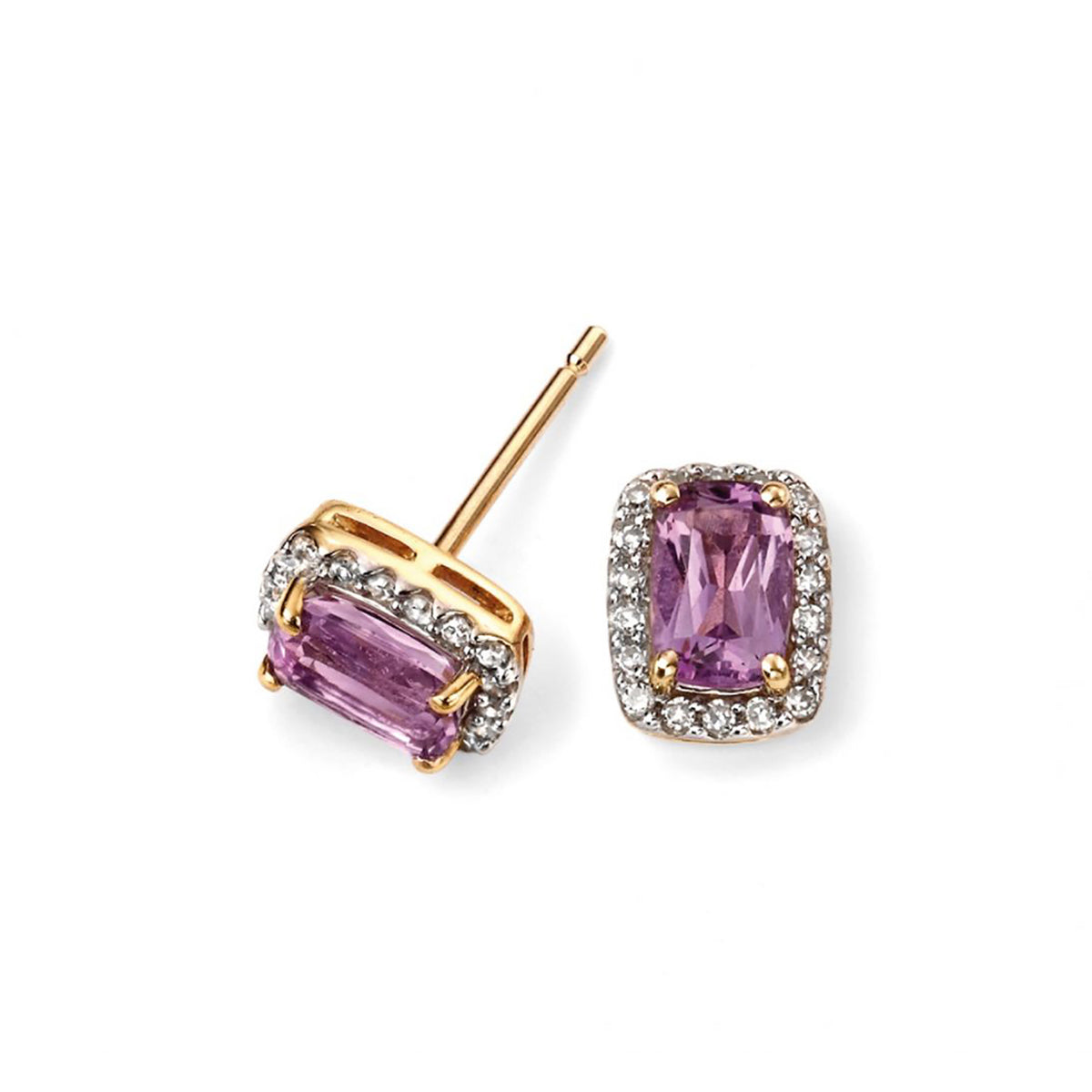 9ct Yellow Gold Amethyst & Diamond Stud Earrings