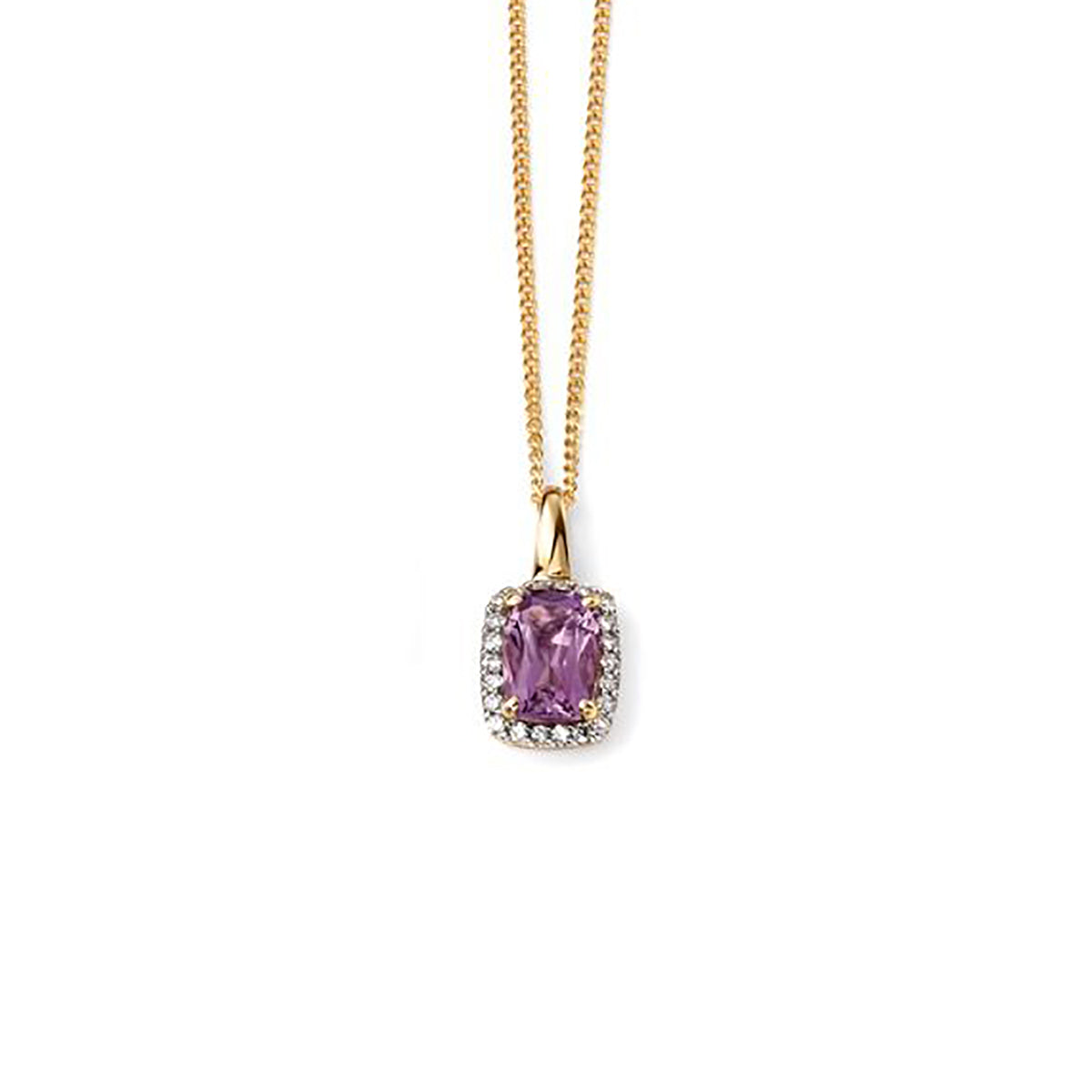 9ct Yellow Gold Amethyst & Diamond Pendant Necklace