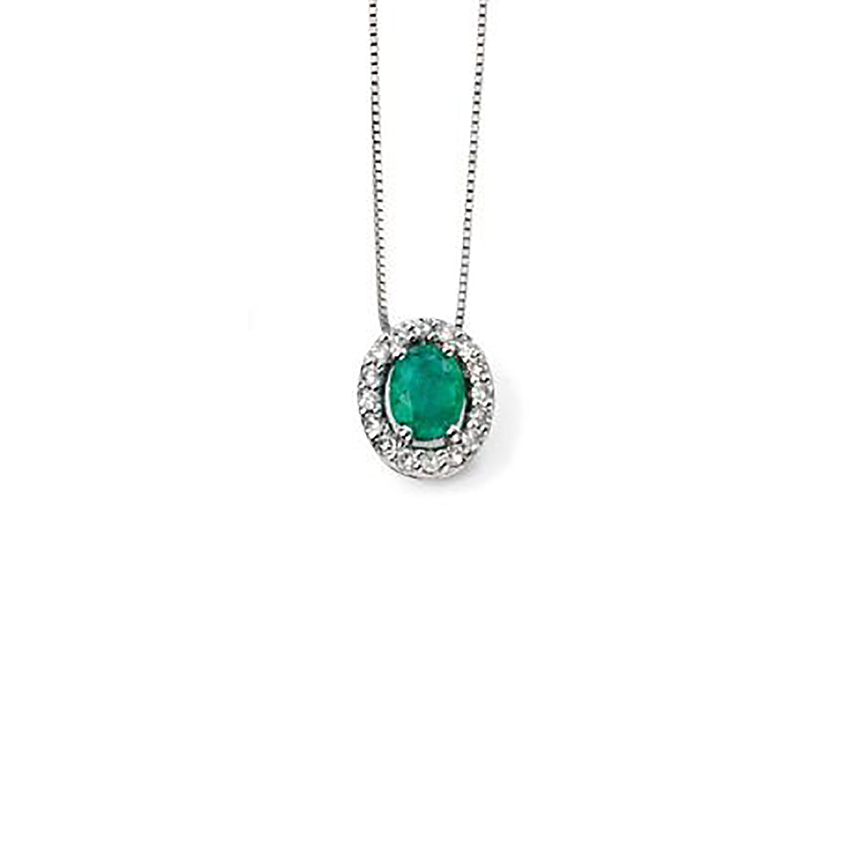 9ct White Gold Emerald & Diamond Pendant Necklace